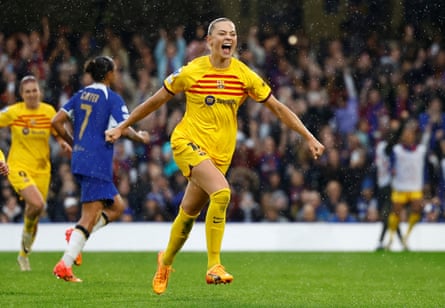 Fridolina Rolfö celebrates scoring Barcelona’s second goal against Chelsea at Stamford Bridge