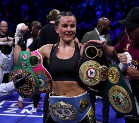 Chantelle Cameron celebrates her victory over Katie Taylor in May 2023