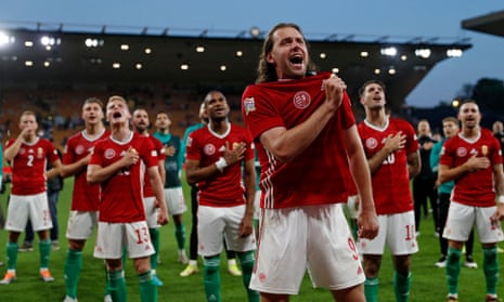 Adam Szalai leads the celebrations after Hungary’s big win in England.
