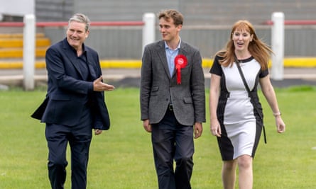 Keir Starmer, left, with the newly elected Labour MP for Selby and Ainsty, Keir Mather, and Angela Rayner, 21 July 2023.