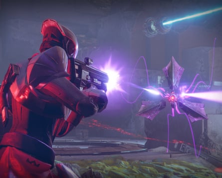 A character in Destiny 2 shooting a target in a with a co-op space blaster