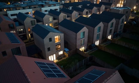 Aerial view of newly built homes at night