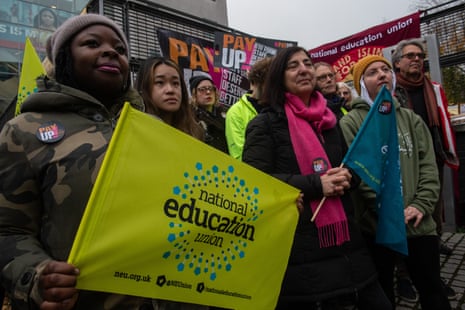 Members of the National Education Union (NEU) on a picket line at City & Islington College today during a national strike of sixth form teachers.