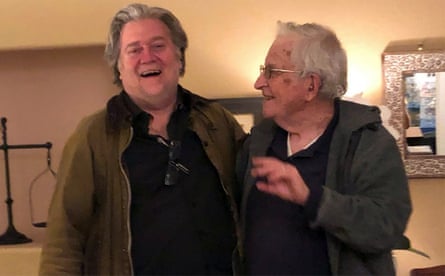 A photograph of Steve Bannon and Noam Chomsky released from Epstein files.