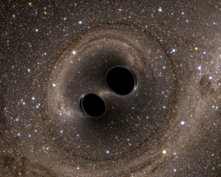A computer simulation showing the collision of two black holes.