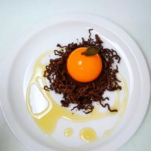 Ben Churchill uses a blood orange bavarois sitting on piped chocolate