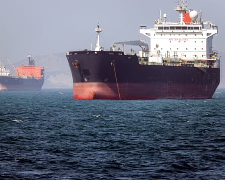 A tanker anchored in the strait of Hormuz off Bandar Abbas in southern Iran.