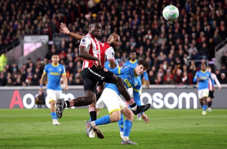 Michael Kayode scores Brentford’s first goal against Wolves.