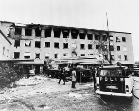 The West German embassy in Stockholm after members of the Red Army Faction terrorist organisation had seized the building and detonated two bombs, 28 April 1975.