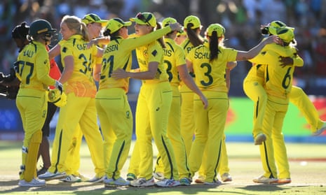 Australia celebrate after winning the Women's T20 World Cup by 19 runs against South Africa