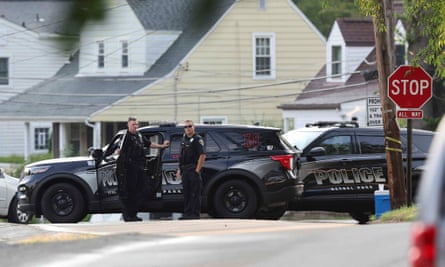 Bethel Park police officers block the street to the home of 20-year-old Thomas Matthew Crooks on Monday.