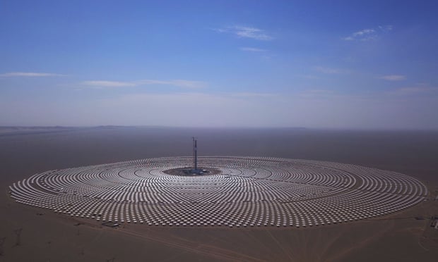 A 100-megawatt molten-salt solar thermal power plant in Dunhuang, China.