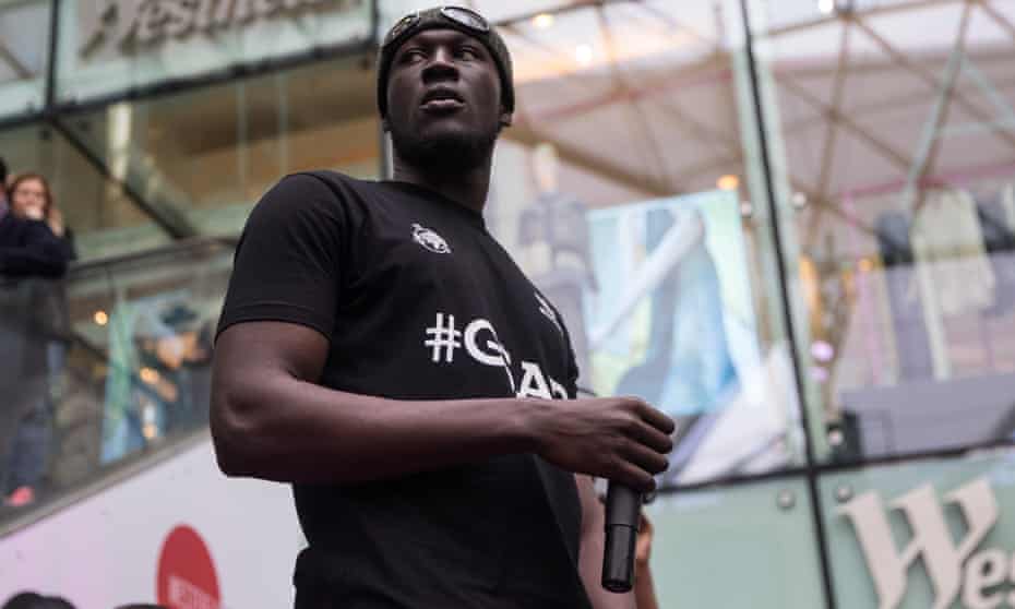 Stormzy performing at Westfield, London.