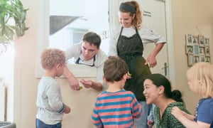 Head Chef Elena Coates and Sous Chef Liam Hughes with children at Little Jungle Nursery, south London