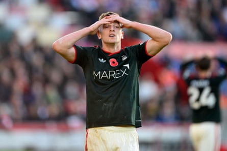 Liam Delap reacts after a missed chance for Nottingham Forest
