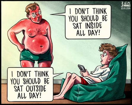 A sunburnt father tells his son he shouldn’t be sitting inside all day, to which he replies his father shouldn’t be sitting outside all day.