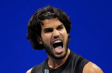 Carlos Alcaraz reacts during his US Open quarter-final against Ben Shelton at Flushing Meadows.