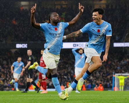 Jeremy Doku celebrates scoring. Manchester City v Liverpool. Etihad Stadium, Manchester. 9 November 2025.