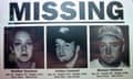 A missing persons poster with the three actors who starred in The Blair Witch Project: Heather Donahue, Joshua Leonard and Michael Williams