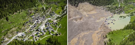 Blatten before and after the glacier collapse