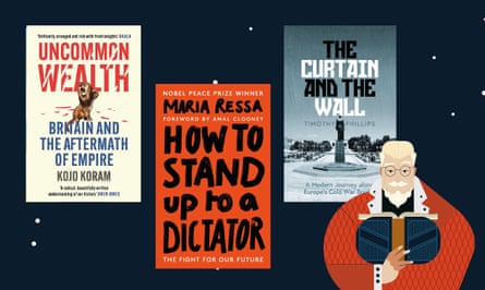 Three book jackets - Uncommon Wealth by Kojo Koram, How to Stand up to a Dictator by Maria Ressa and The Curtain and the Wall by Timothy Phillips - and an illustration of a bespectacled man reading a book.