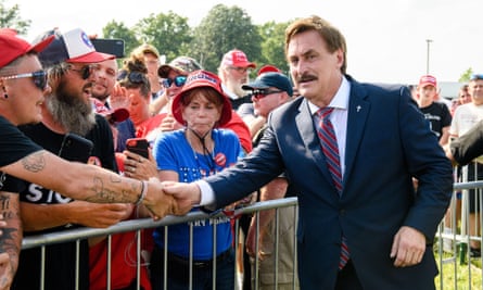 Lindell shakes hands with attendees at a ‘Save America’ rally in Wellington, Ohio, in June 2021.