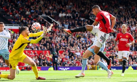 Casemiro of Manchester United scores the team’s second goal past Matt Turner of Nottingham Forest during the Premier League match between Manchester United and Nottingham Forest at Old Trafford