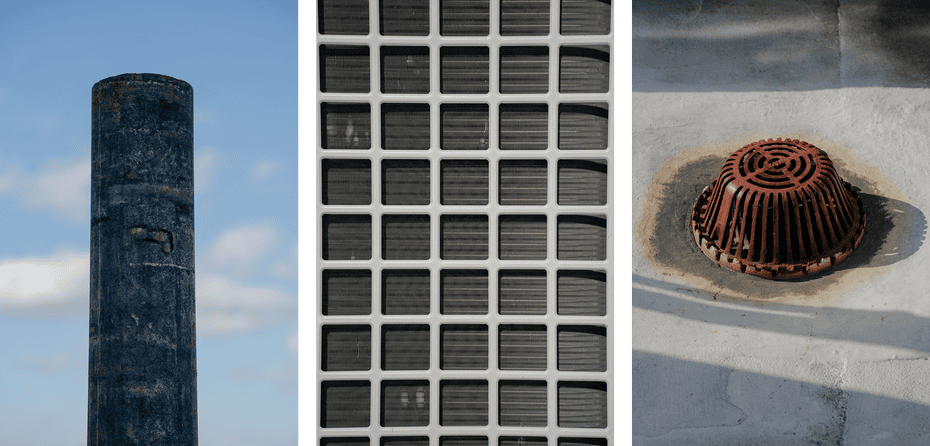 A trio of images shows a blue vertical pipe, a close-up image of an air ventilation grid, and a copper-colored air ventilation cap.