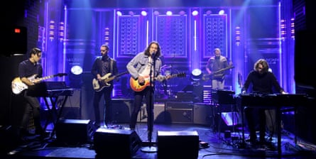 The War on Drugs perform on TV, (from left) Anthony LaMarca, David Hartley, Adam Granduciel, Charlie Hall (obscured, on drums), Jon Natchez and Robbie Bennett.