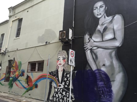 The wall outside of Zigi’s Art, Wine and Cheese Bar in Chippendale, Sydney, featuring a large-scale portrait of Kim Kardashian.