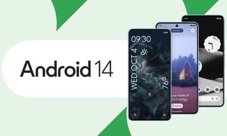 شعار Android 14 مع بعض الأمثلة على عناصر واجهة المستخدم.