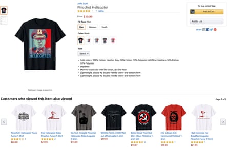 A T-shirt alluding to helicopter flights by the Chilean military dictatorship of Gen Augusto Pinochet that cast political prisoners to their deaths in the ocean, as presented for sale on Amazon on 5 December 2019.
