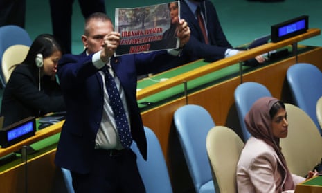 Israel’s ambassador to the UN protests seconds after Iran's President Ebrahim Raisi began addressing world leaders during the United Nations General Assembly.