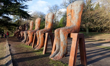 Ten Seated Figures by Abakanowicz at Yorkshire Sculpture Park, near Wakefield