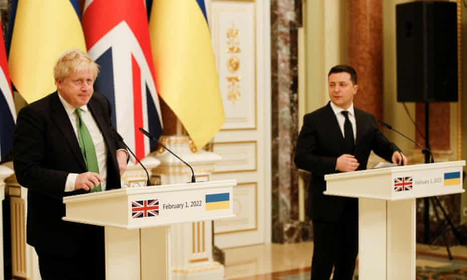 British prime minister Boris Johnson and Ukrainian president Volodymyr Zelenskiy at a joint news conference in Kyiv, Ukraine.