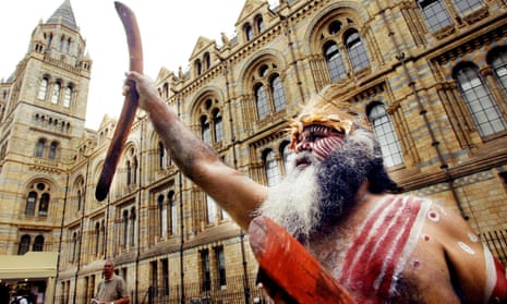 The Aborigine Major Sumner, of the Ngarrindjeri people, protests outside the Natural History Museum in 2003 over indigenous human remains.