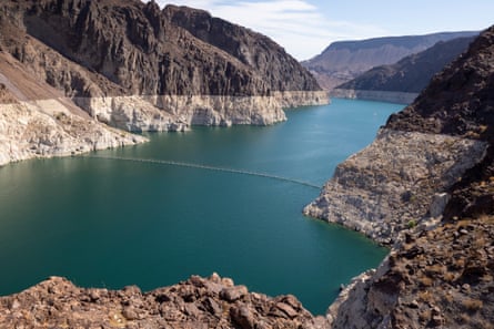 The white ‘bathtub ring’ around Lake Mead shows the record low water levels as drought continues to worsen in Nevada.