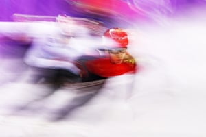 Gangneung, South KoreaChina’s Wu Dajing skates on his way to winning gold in the men’s 500m short-track speed skating final at the 2018 Winter Olympics.
