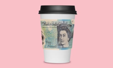 Composite image: Takeaway coffee cup with a fiver wrapped around it
