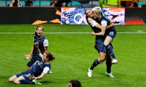 Tobin Heath joins Kelley O’Hara, Alex Morgan and Megan Rapinoe in celebrating the USA’s win over Canada in the 2012 Olympic semi-final at Old Trafford.