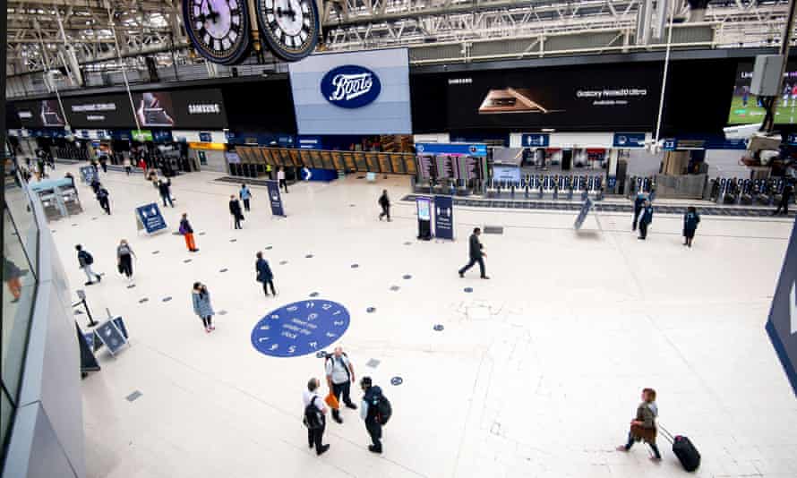 Waterloo station in London on 3 September 2020, showing very few commuters compared with before the pandemic.