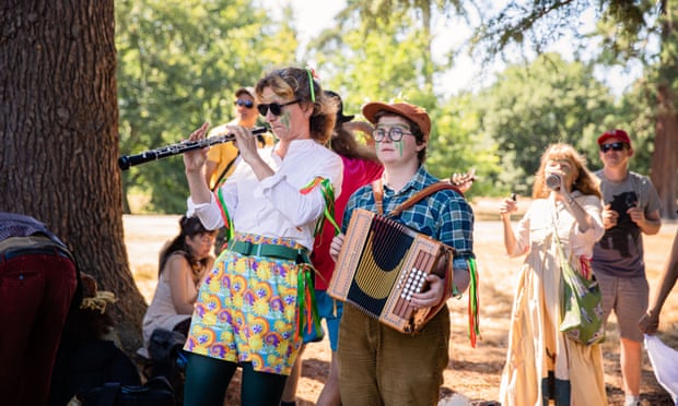 Protesters playing instruments.