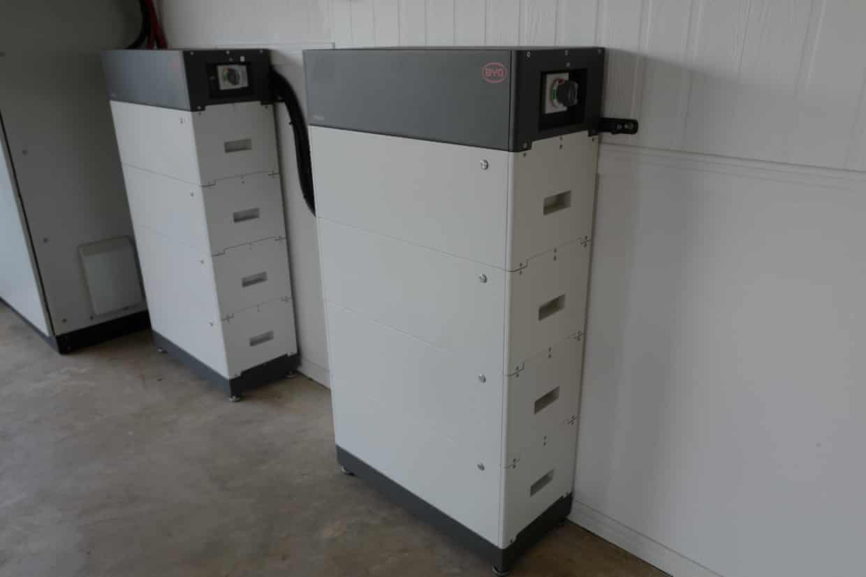 A battery tower inside a garage in a Byron Bay home, New South Wales.