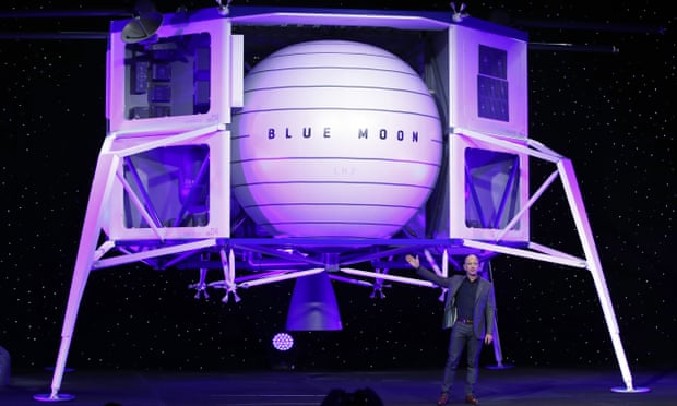 Jeff Bezos speaks in front of a model of Blue Origin’s Blue Moon lunar lander in Washington, in 2019.