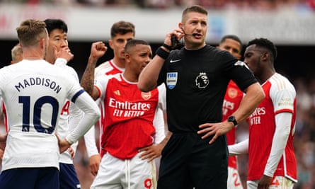 Robert Jones awaits a VAR decision during the Premier League match between Arsenal and Tottenham at the Emirates this season