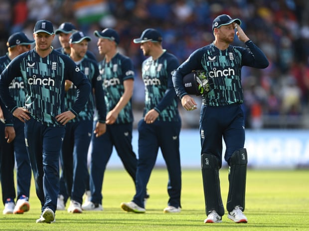 England captain Jos Buttler (right) and teammates react after the third ODI between England and India at Old Trafford
