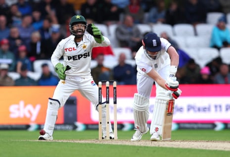 Gus Atkinson loses his wicket to the bowling of Pakistan's Ali Usman