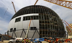 Construction continues during a tour of the Madison Square Garden Sphere at The Venetian in Las Vegas on Thursday, June 17, 2021. The same company hopes to install a near-identical sphere in London.