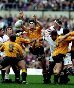 John Eales wins a line-out ball during the World Cup final at Twickenham.