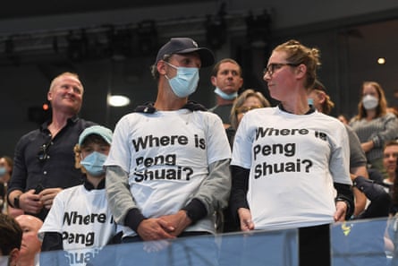 Spectators wears a ‘Where is Peng Shuai?’ T-shirt inside Rod Laver Arena.